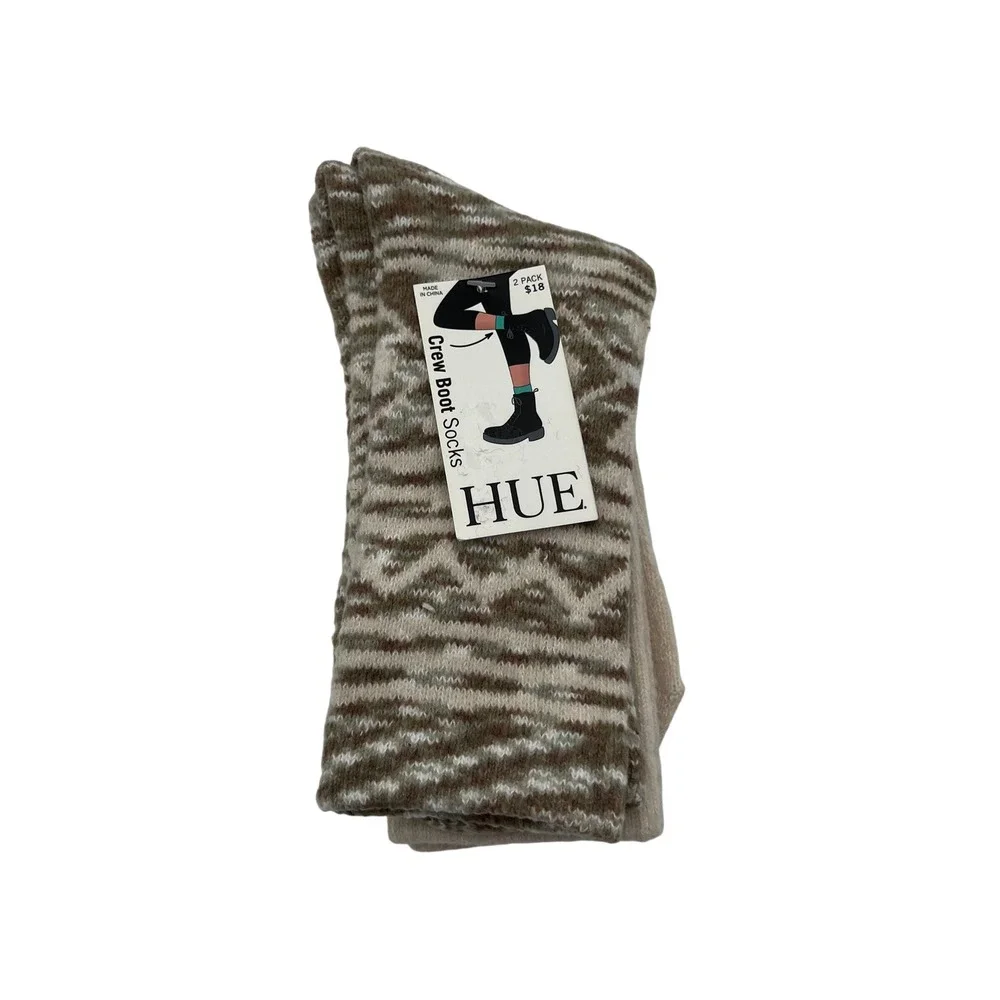 HUE Crew Boot Socks Womens OS Oatmeal Geo Jacquard Space-Dye 2pk U23236 Brown